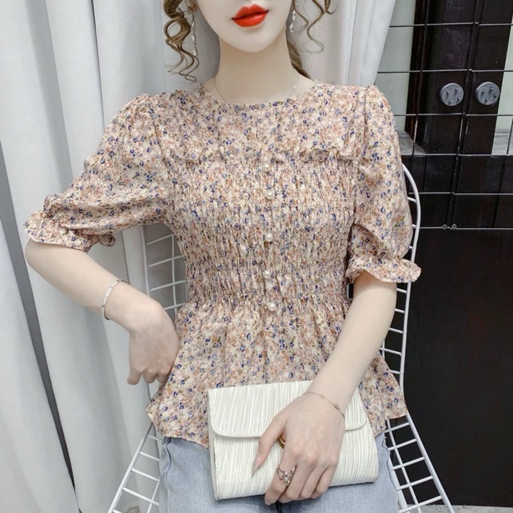 Floral Smocked Blouse short sleeve short top ruffled pearl buttons